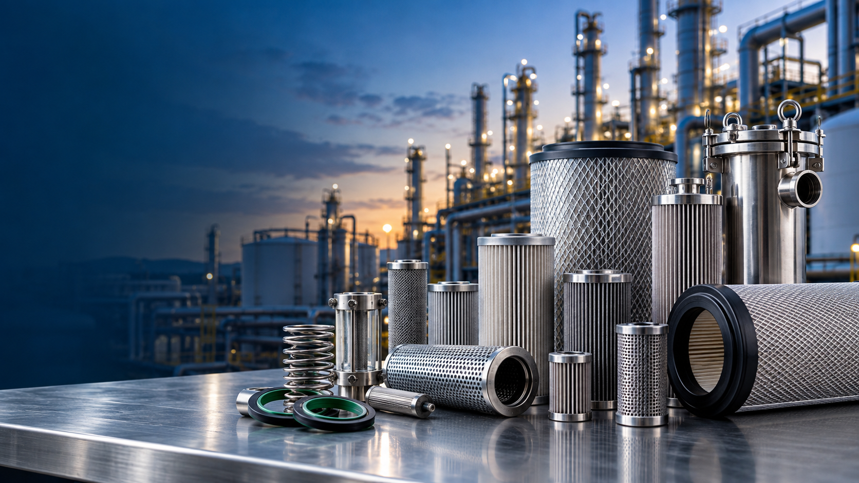 Filtros industriais e componentes em ambiente industrial